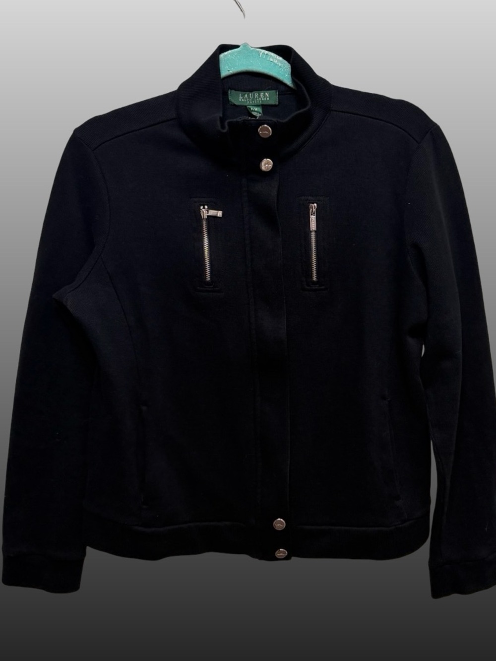 Lauren Ralph Lauren Petite Zip Jacket PM Black 100% Cotton Silver Hardware - Picture 3 of 7